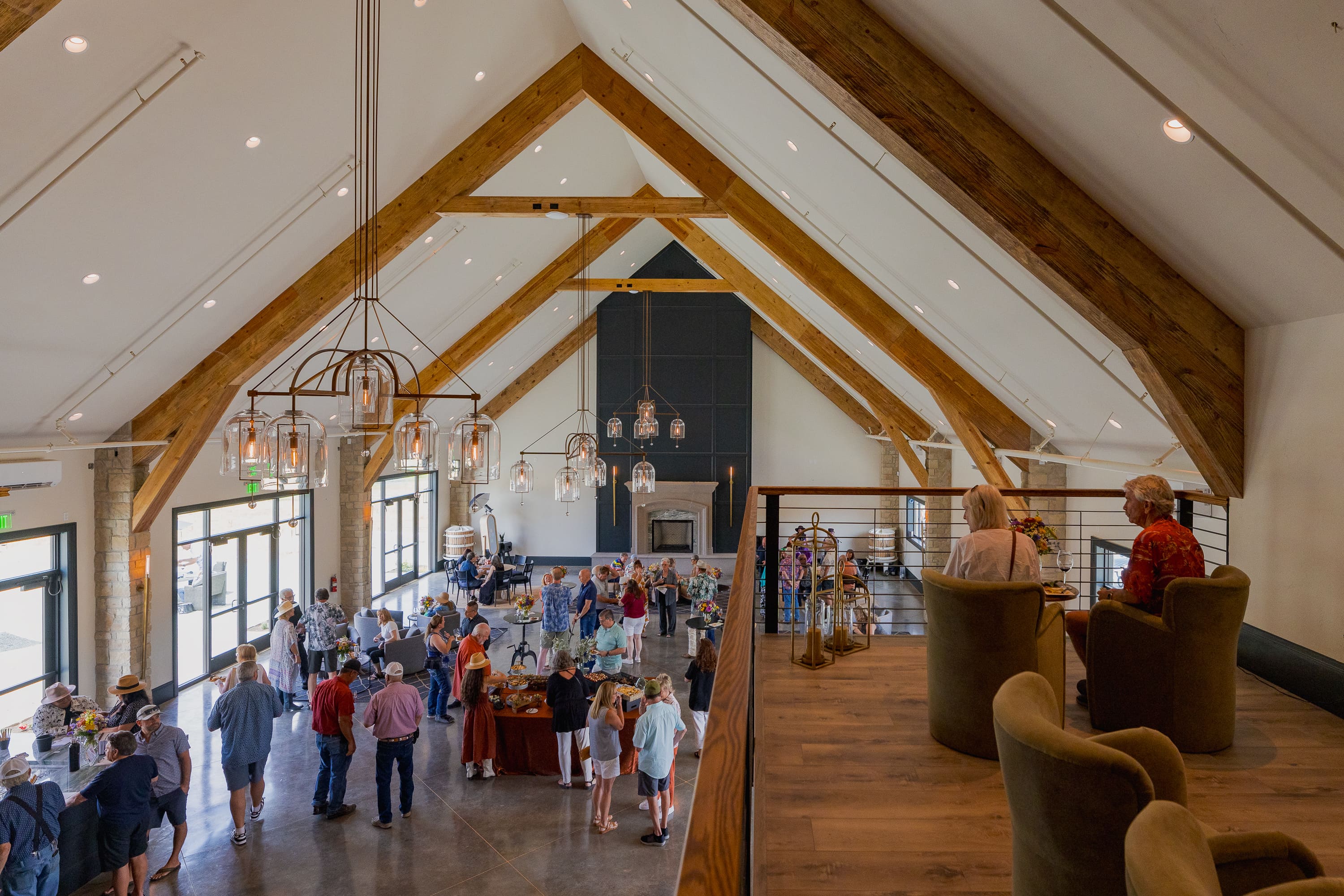 A top view shot of A group of people at a private event in the Grand room at DOmenic Winery