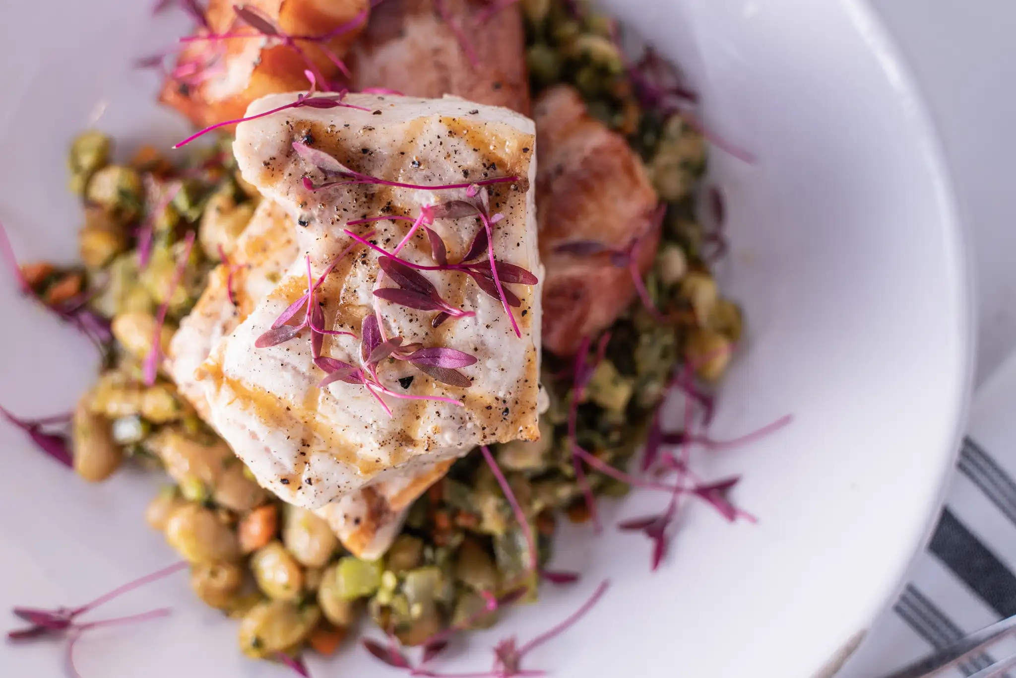 Everything You Need to Know About Rosé Wine | Domenico Winery Grilled white fish filet garnished with microgreens served on a bed of mixed vegetables