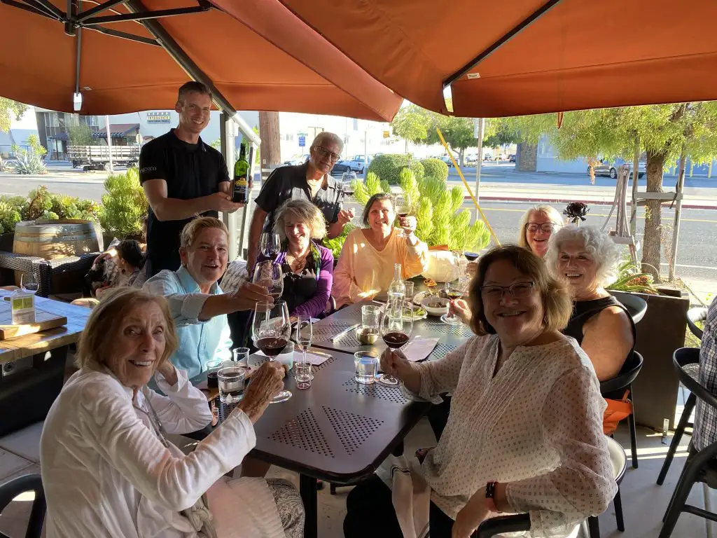 Domenico Winery Throwback Story that Will Warm your Heart! | Domenico Winery Bachhus Wine Club members raising wine glasses in a toast at an outdoor patio wine tasting.