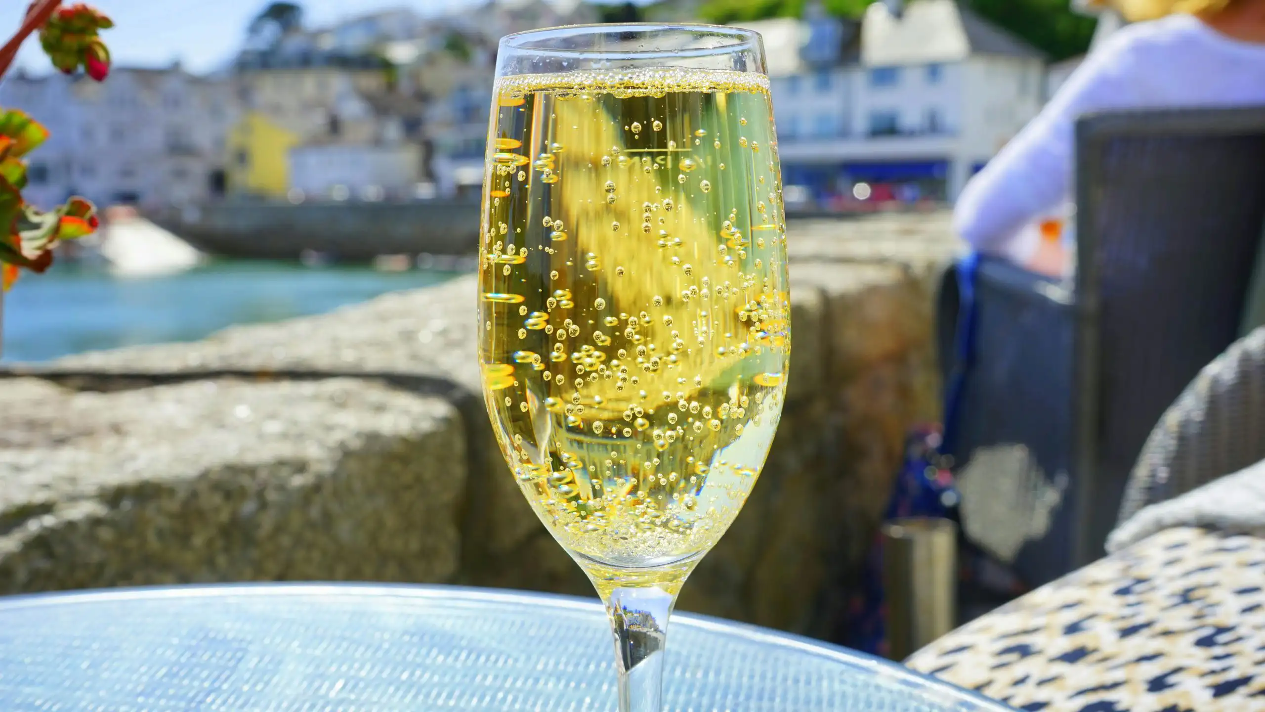 Exactly How Sweet is Sparkling Wine? | Domenico Winery A glass of sparkling wine filled with bubbles, with a coastal town in the background.