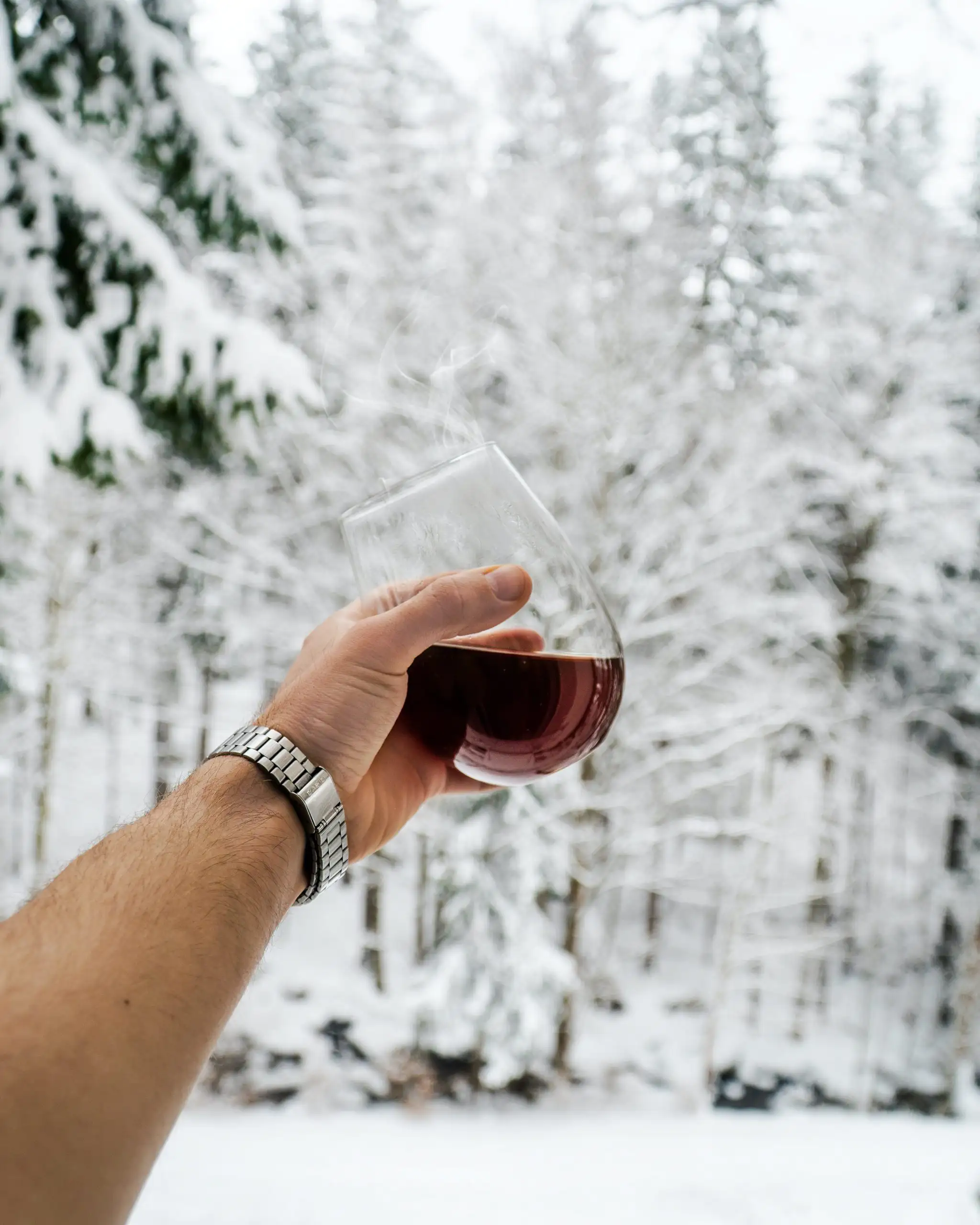 Best Winter Wines to Keep You Feeling Cozy | Domenico Winery A hand holding a stemless glass of steaming dark red liquid against a background of snow-covered evergreen trees.