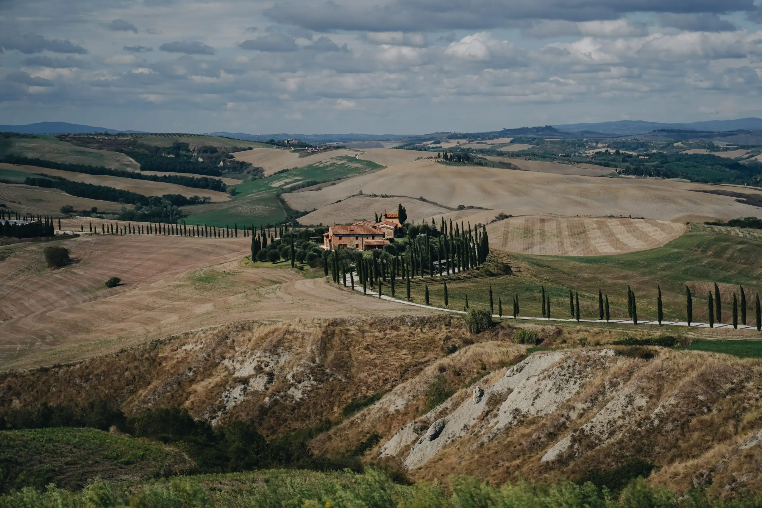 Scenic view of a Tuscan vineyard landscape with rolling hills, cypress trees, and a rustic farmhouse.
